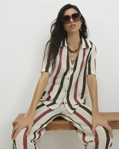 River Island Cotton Blend Crochet Stripe Shirt