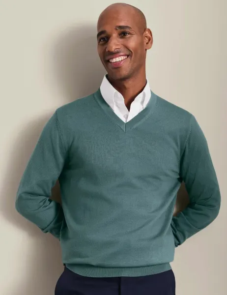 Charles Tyrwhitt Pure Merino Wool V-Neck Jumper Teal Green