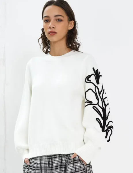 French Connection Embroidered Crew Neck Jumper White Mix