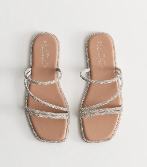 Women's Wide Fit Silver Multi Strap Diamanté Embellished Sandals Vegan