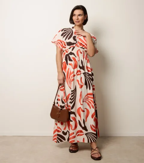 Women's Bright Orange Printed Midi Dress
