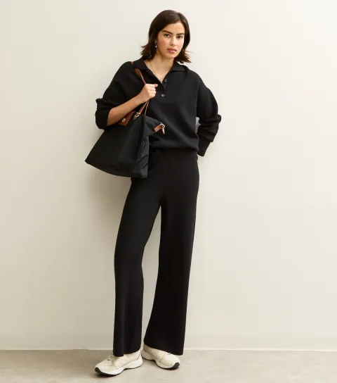 Women's Black Wide Leg Compact Knit Trousers