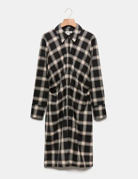 Jaeger Wool Rich Checked Collared Midi Shirt Dress Black Mix