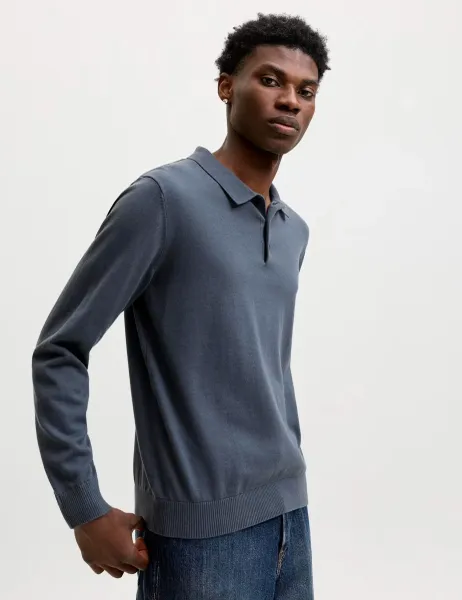 Jack & Jones Pure Cotton Knitted Long Sleeve Polo Shirts Dark Grey