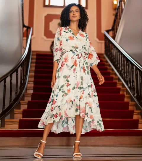 Women's Off White Floral Print Wrap Dress