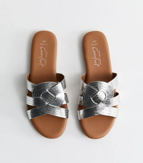 Women's Wide Fit Silver Interwoven Strap Flat Mules Vegan