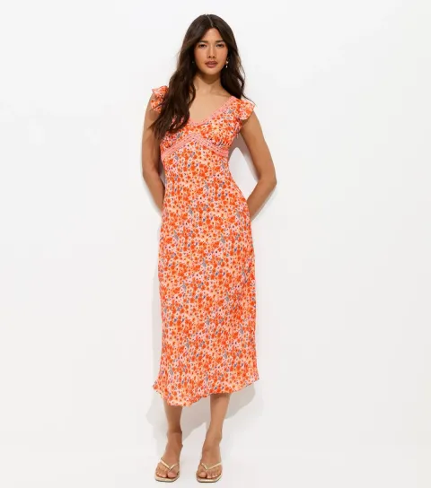 Women's Orange Floral Lace Trim Midi Tea Dress