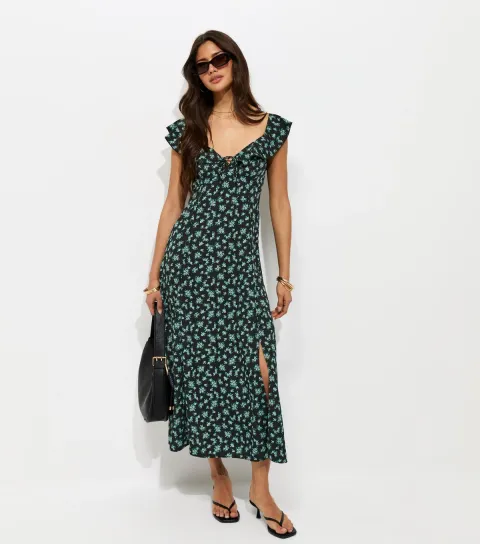 Women's Black Ditsy Floral Ruffled Neck Midi Dress