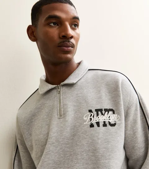 New Look Women's Grey Marl Relaxed Brooklyn Logo Quarter Zip Sweatshirt