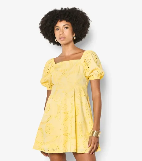 Women's Bright Yellow Broderie Anglaise Tie Back Mini Dress