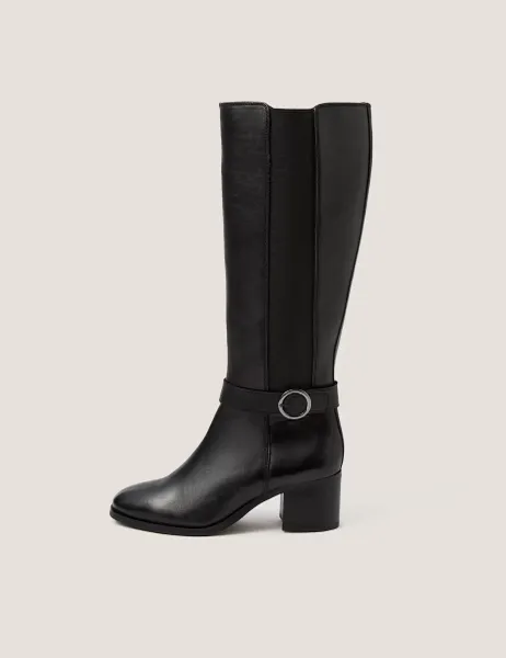 Monsoon Leather Block Heel Knee High Boots Black