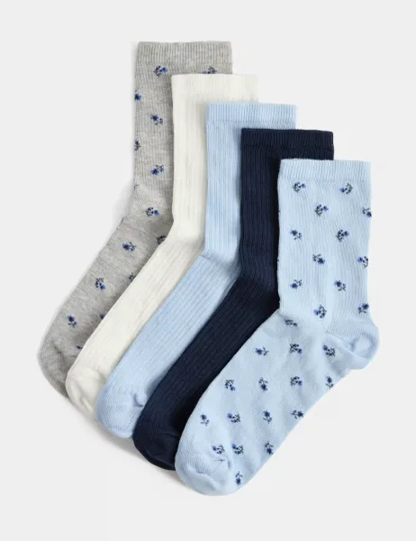 Marks & Spencer 5 Pack Cotton Rich Spotty Ankle High Socks Blue Mix