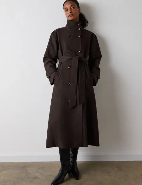 Whistles Pure Cotton Funnel Neck Longline Trench Coat Dark Brown