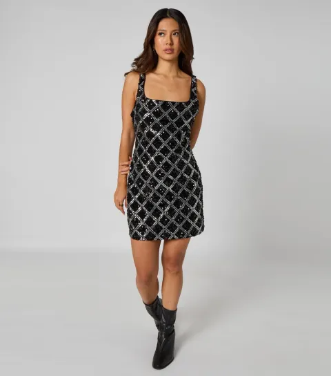 Women's Black Diamond Patten Sequin Mini Dress