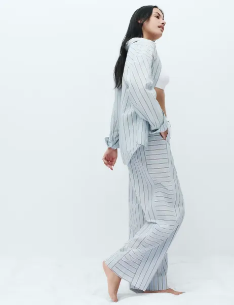 Marks & Spencer Pure Cotton Cambric Striped Pyjama Bottoms Blue Mix