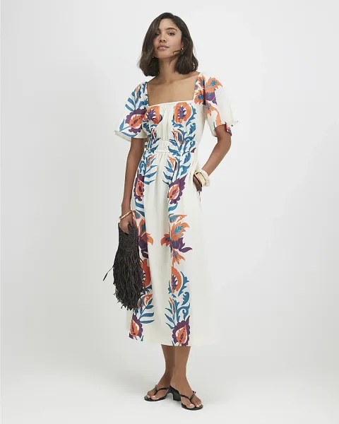 River Island Cotton Two Tone Floral Midi Dress