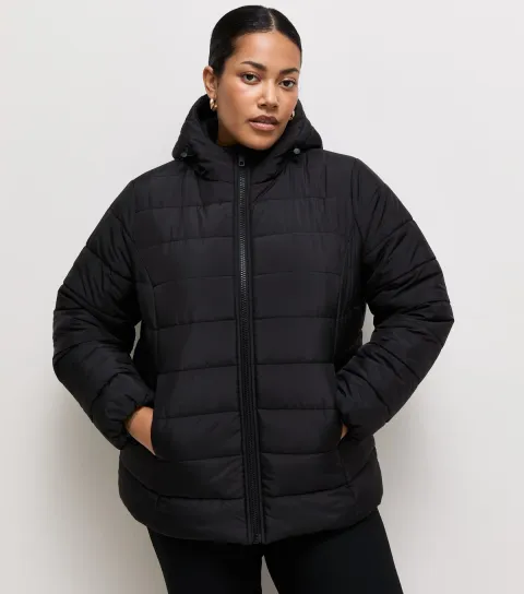 Women's Plus Size Black Hooded Lightweight Padded Jacket Curves
