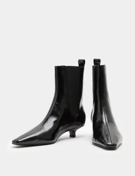 Marks & Spencer Patent Chelsea Kitten Heel Pointed Ankle Boots Black