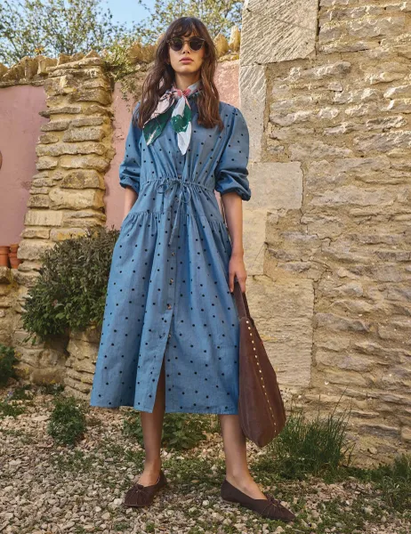Polka Dot Embroidered Midi Tiered Shirt Dress Blue