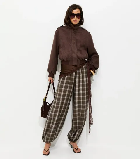 Women's Brown Check Cuffed Leg Trousers