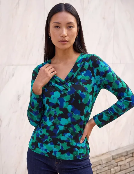 Roman Printed V Neck Stretch Top Green Mix