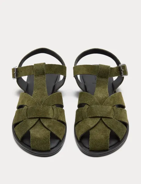 Marks & Spencer Suede Ankle Strap Flat Fisherman Sandals Olive