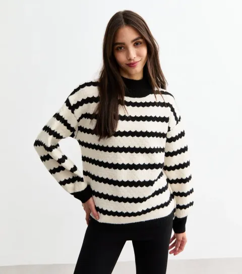 Women's Off White Bobble Stitch Striped Jumper