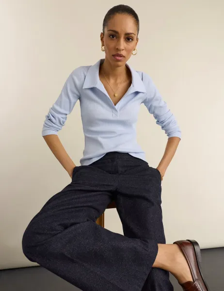 BAUKJEN Pure Cotton Ribbed Collared Top Blue