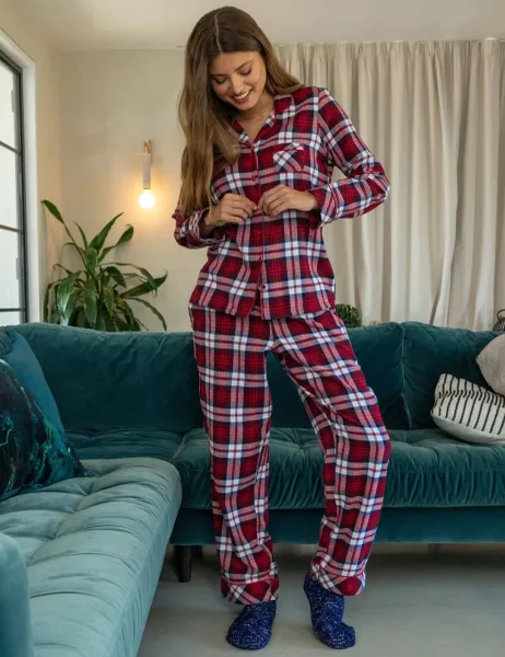 Pour Moi Pure Cotton Brushed Checked Pyjama Set Red Mix