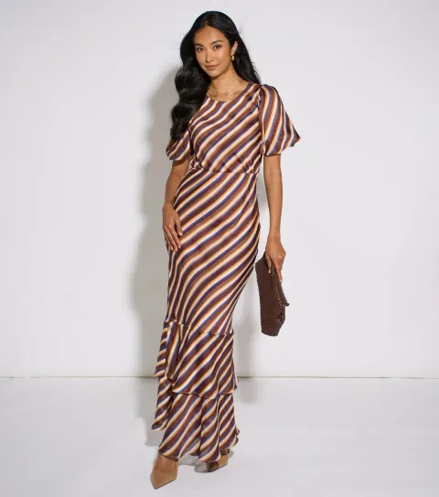 Gini London Women's Brown Diagonal Stripe Chiffon Maxi Dress