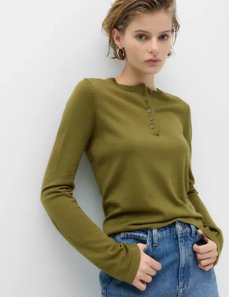 Marks & Spencer Pure Merino Henley Neck Jumper Moss