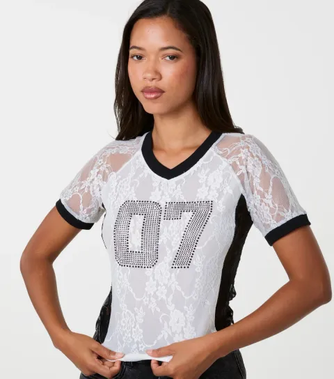Women's Off White Diamante Baseball T-Shirt