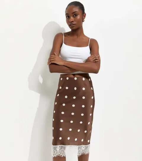 Women's Brown Satin Polka Dot Lace Hem Midi Skirt