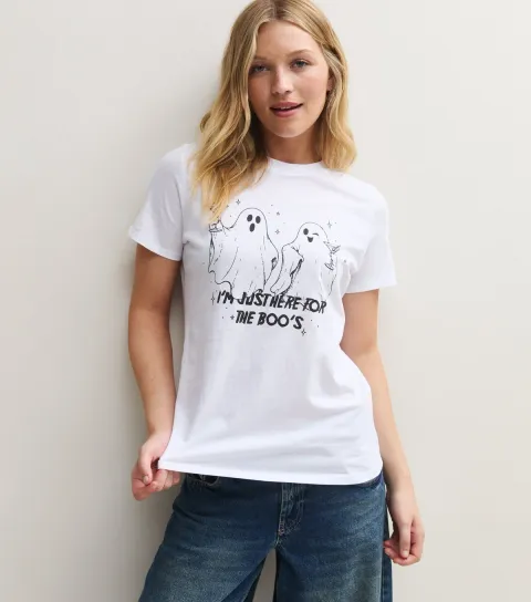 New Look Women's White Cotton Ghost Print Crew Neck T-Shirt
