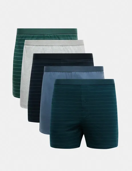 Marks & Spencer 5pk Pure Cotton Striped Boxers Teal Mix