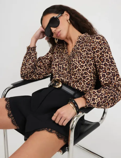River Island Pure Cotton Leopard Print Pintuck Blouse Brown Mix