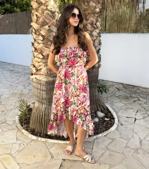 Women's Multicoloured Tropical Floral Bandeau Midi Dress