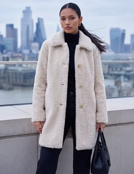 Roman Petite Faux Shearling Single Breasted Coat Ivory Mix