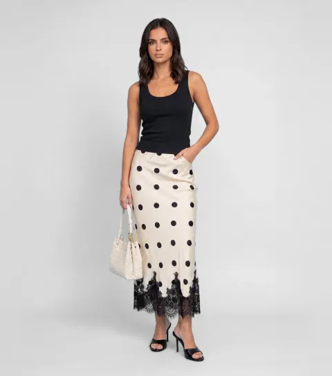 Women's White Satin Polka Dot Lace Hem Maxi Skirt