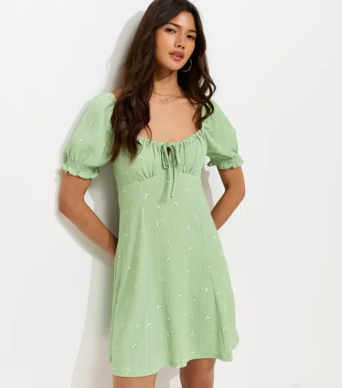 Women's Green Polka Dot Crinkle Texture Milkmaid Mini Dress