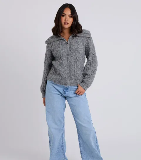 Women's Grey Cable Knit Zipped Cardigan