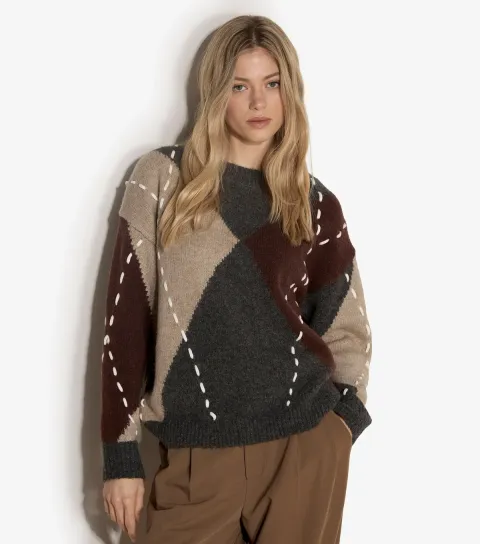 Apricot Women's Dark Grey Argyle Knit Oversized Jumper