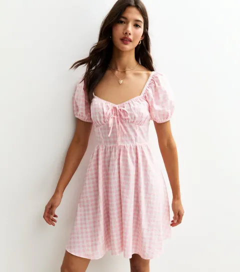 Women's Pink Gingham Puff Sleeve Mini Dress