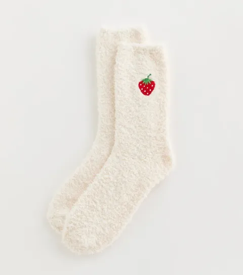 New Look Cream Fluffy Embroidered Strawberry Ankle Socks