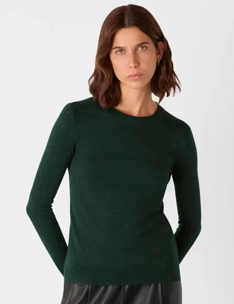 Whistles Annie Sparkly Knitted Crew Neck Jumper Dark Green Mix