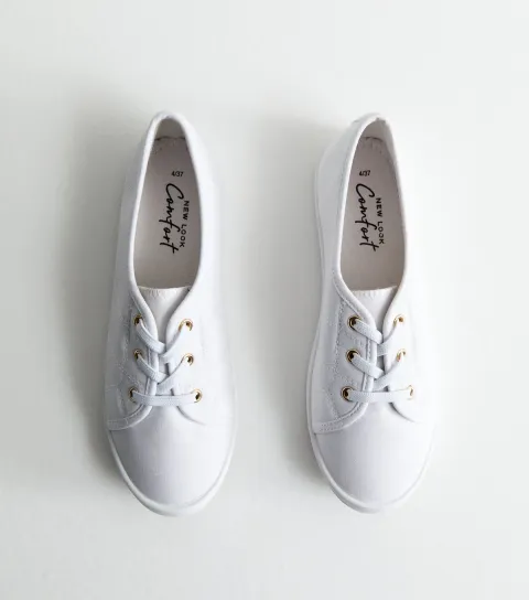 Women's White Canvas Lace Up Trainers