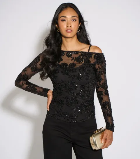 Gini London Women's Black Sequin Floral Off the Shoulder Top