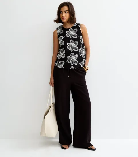Women's Black Drawstring Wide Leg Trousers