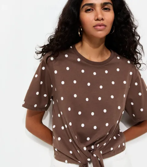 Women's Brown Cotton Spot Print Tie Front T-Shirt