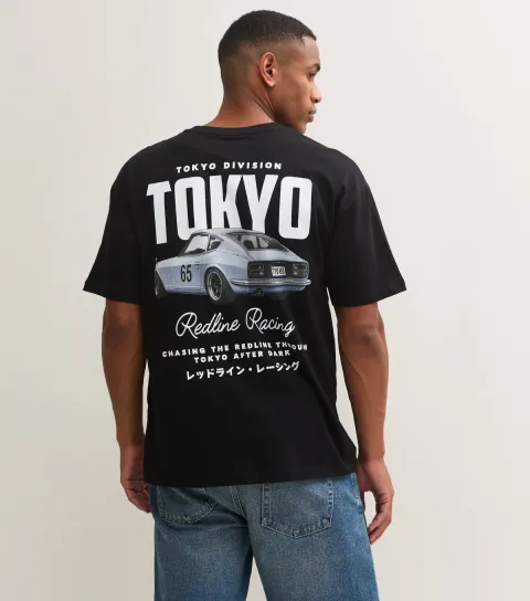 Men's Black Cotton Tokyo Racing Graphic T-Shirt